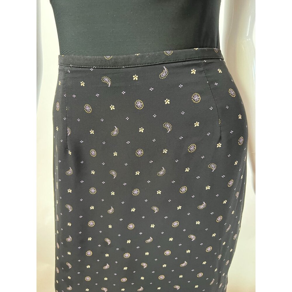 Vintage Black Midi Skirt sz 10  With Paisley & Floral Print Side Slit Button Clo - Picture 6 of 15